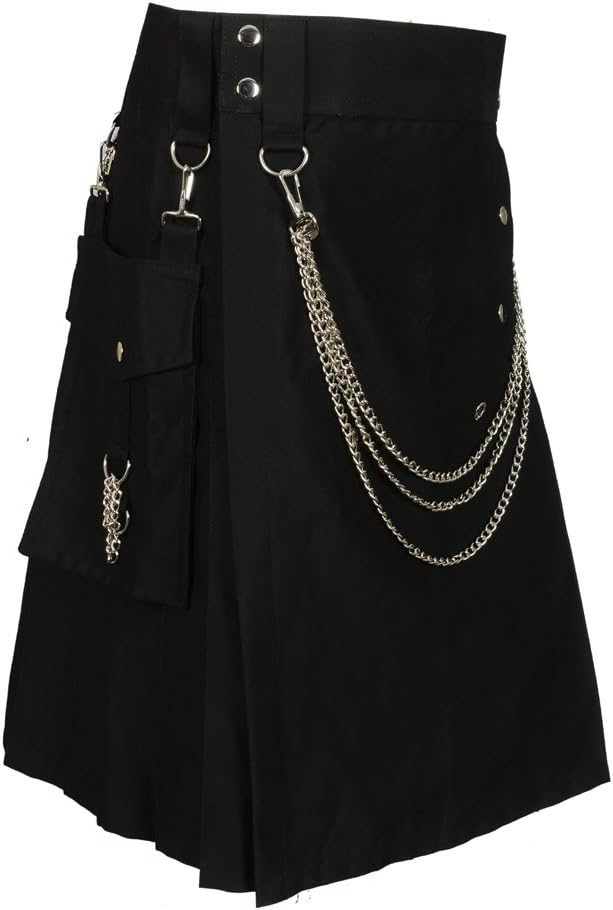 Scottish DesignerMen's Black Scottish Kilt with Silver Chains