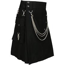 Scottish Designer Mens Black Scottish Kilt with Silver Chains