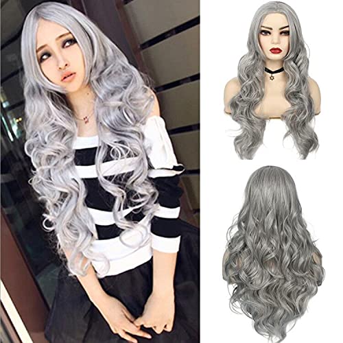 Swiking Grey Long Curly Wave Cosplay Wigs for Women with Middle Parting Synthetic Hair Natural Heat Resistant Full Wig for Halloween Women's Wig