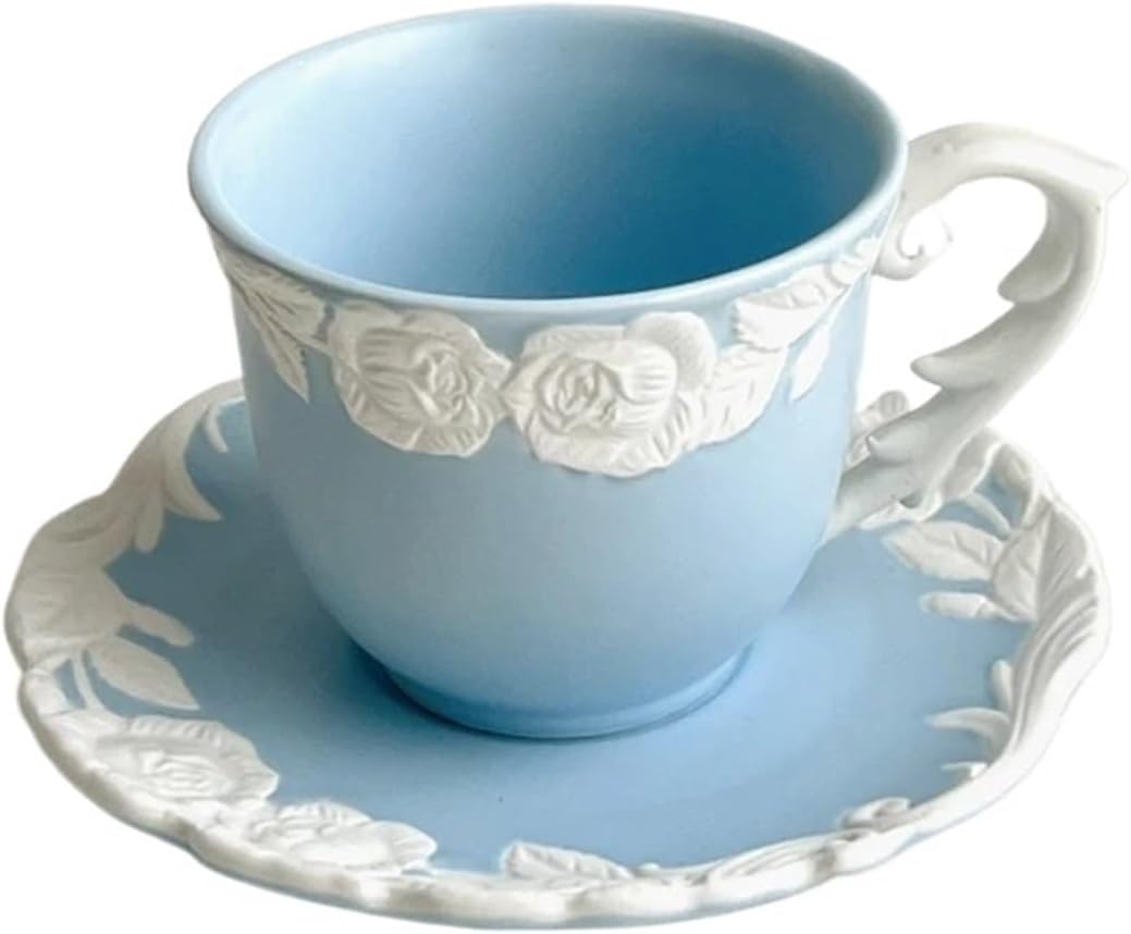 Vintage Rose Coffee Cup and Saucer Set Afternoon Tea Delicate Tea Set Household Dim Sum Cake Plate(Beige,2pcs)