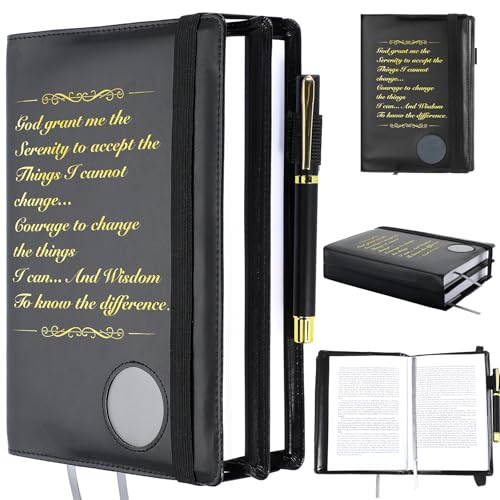 Motipuns Double Alcoholics AA Big Book Cover for 12 Steps & 12 Traditions Double AA Book Cover with Medallion Holder Pen Clip Alcoholics Gifts for Serenity Prayer(Black)