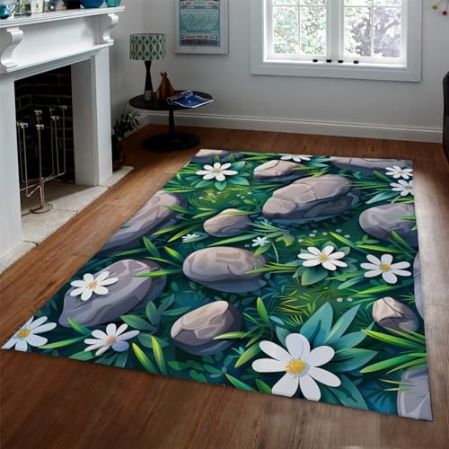 Tapis vert botanique 60x180cm antidérapant avec fleurs blanches de printemps - 3