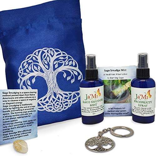 Jami Tree of Life Kit 1 Sage Spray for Cleansing Negative Energy and Protection 2 oz, 1 Prosperity Spray 2 oz, Satin Bag, Tree of Life Key Chain, Citrine Crystal, Spiritual Cleansing Kit