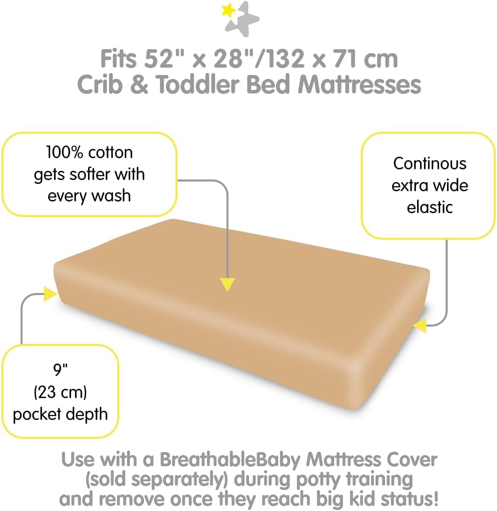 BreathableBaby Cotton Percale Fitted Sheet, for 52" x 28"/132 x 71 cm Crib & Toddler Bed Mattress, Brown (2-Pack)