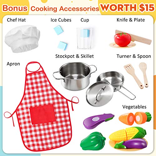 Play-Kitchen-For-Kids With 18 Pcs Toy Food & Cookware Accessories Playset Wooden Chef Pretend Play Set For Toddlers With Real Lights & Sounds #TOP1