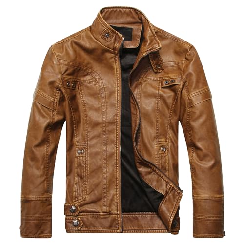 Men's Motorcycle PU Jacket Casual Stand Collar Zip-up Leather Jackets Faux Leather Bomber Outwear Coats (4X-Large,Yellow)