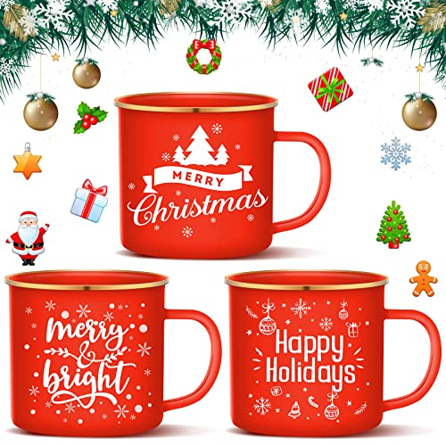 Set Of 3 Christmas Coffee Mugs 16 Oz Holiday Enamel Mugs Merry Christmas • 2023 Coffee Home Decor