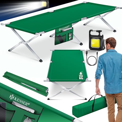 KESSER® Cama de Camping Plegable Resistente con Bolsa de Transporte, Bolsillo Lateral y Luz de Camping | 190x73x45cm hasta 150 kg Tubo de Metal | Tela Oxford 600D Portátil Cómoda | Verde
