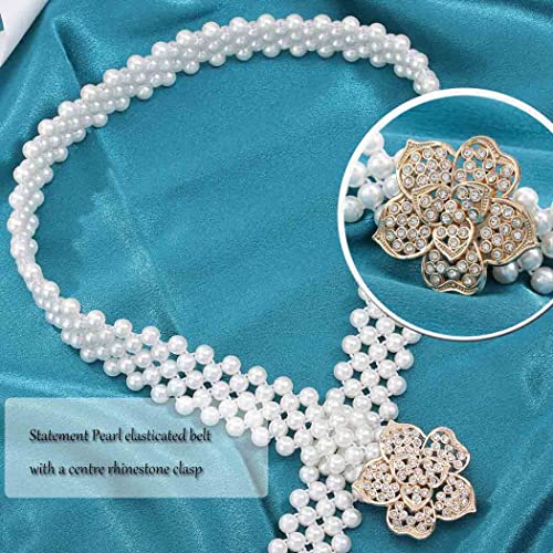 Tgirls Pearl Belt Wedding Bridal Sash Elastic Crystal Dress Belts for Women Rhinestone Sash Belt White Beaded Waistband (G-1)2