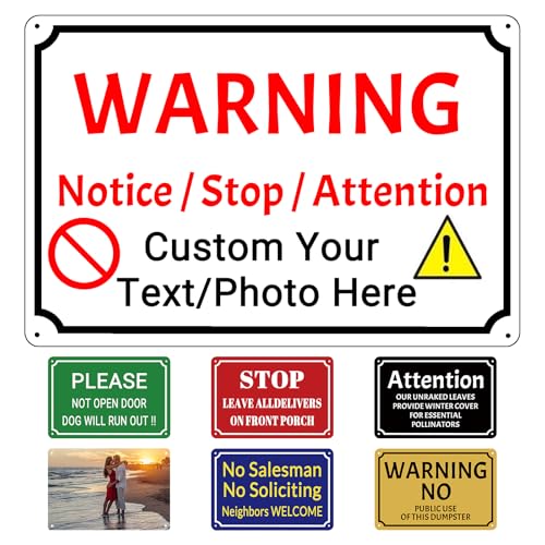 Custom Personalised Metal Sign Warning Notice Attention Multiple Colours 4 Sizes from 10x15 cm to 30x40 cm with Screws Zip Ties and Foam Tape
