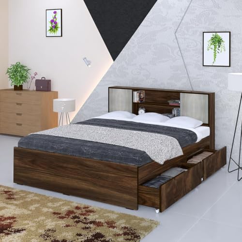 Image of Torque Henrich Engineered Wood King Size Bed with Drawer Storage & Back Storage - Brown | Wooden Palang Diwan Cot for Living Room Furniture | Double Bed for Sleeping