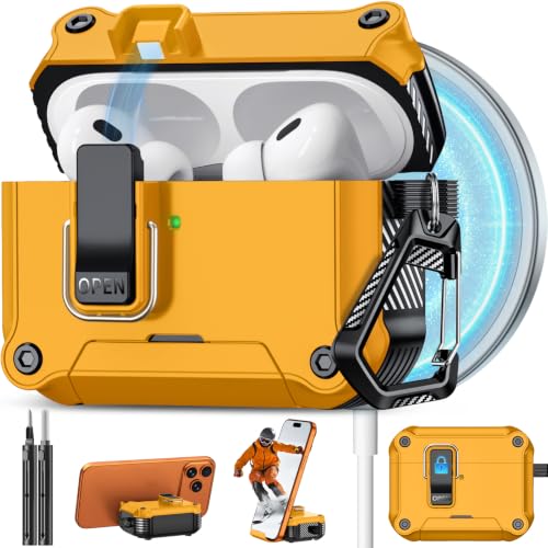 Image of Pohgelan for AirPods 2nd /1st Case with Safety Lock-Yellow | Magnetic Automatic Lock with Cleaning Kit&Keychain,Compatible with Magsafe