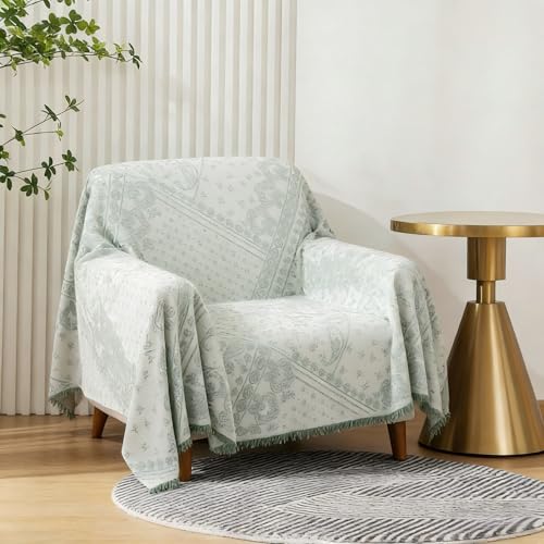 UWWGKK 71"x51" Boho Chair Cover, Green Reversible Chevron Throw Blanket