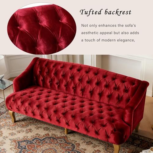 Image of Merax 3 Seater Velvet Couch Sofa with Hi-Back & Solid Wood Birch Legs, Mid-Century Modern Style Deep Seat Upholstered Couches for Living Room, Bedroom, Apartment Furniture, Wine Red