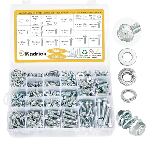 Image of Kadrick 700Pcs Grade 8.8 Metric Bolt Assortment, M6 M8 M10 Flange Hex Heavy Duty Bolts and Nuts Kit,M6 x1.0 M8 x1.25 M10-1.25 (12mm to 45mm),Eco-Friendly Zinc Plated