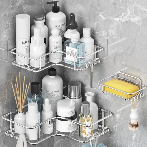 Yeabett Juego de 3 estantes de ducha esquineros de baño sin taladrar, accesorios de baño de acero inoxidable, color plateado