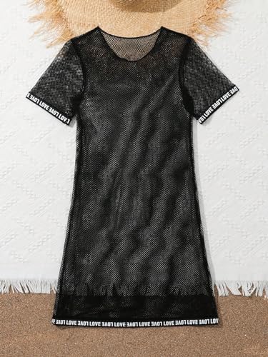 Image of WDIRARA Girl's Letter Print Contrast Trim Mini Cover Up Dress Scoop Neck Short Sleeve Mesh Cover Up