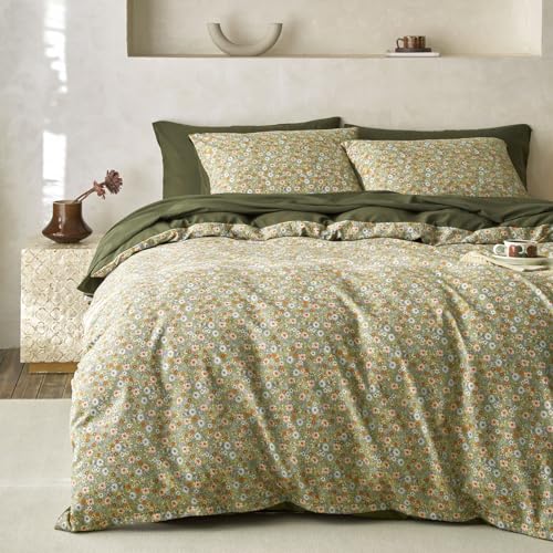 Image of Wake In Cloud - Floral Comforter Set, Cute Vintage Flower Cottagecore Aesthetic for Women Teen Girls, Soft Lightweight Dorm Bedding, 3 Pieces, Olive Green, Queen Size