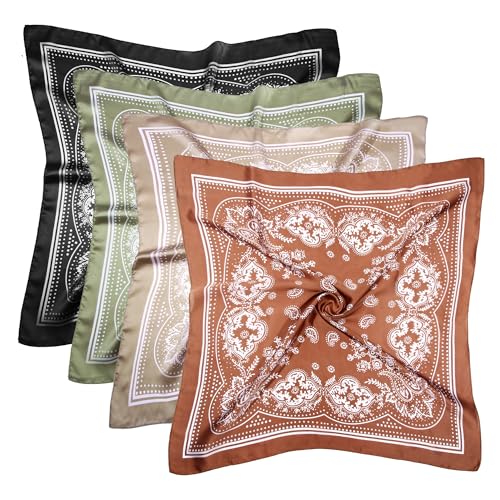 4 Pcs 27.5 Inches Satin Head Scarf Hair Scarf Silk Head Scarf Silk Bandana Silk Hair Wrap Neck Scarf Square Scarf for Women Girls(Brown,Khaki,Light Green,Black)