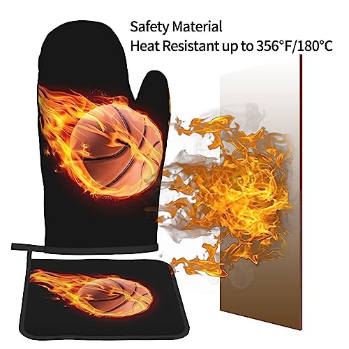 Basketball On Fire Oven Mitts And Pot Holders Set Heat Resistant Oven Glove And Potholder Kitchen Microwave Gloves For Baking Bbq Grilling Cooking Oven Mitts #TOP3