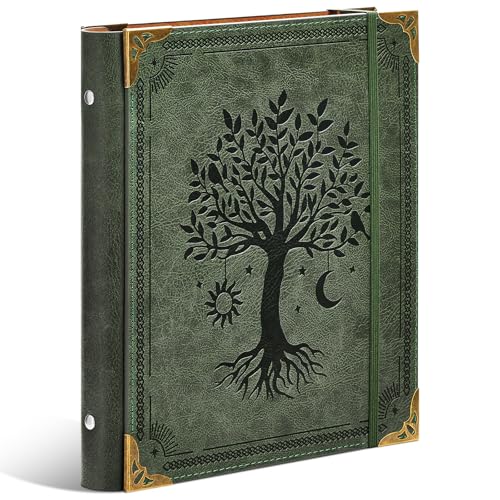 Ovesmusl PU Leather Mini 3 Ring Binder Fits 5.5 X 8.5 A5 Paper 1 Inch Round Ring Binder Holds 200 Sheets Notepad Paper Cover Loose Leaf Organizer Green Tree of Life