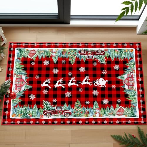 Christmas Door Mat, Red Plaid Truck Rugs - Xmas Washable Non Slip Low Pile Christmas Area Rugs for Entryway, Front Door, Bahtroom 2'x3' Red Plaid Truck-red Piped Edged