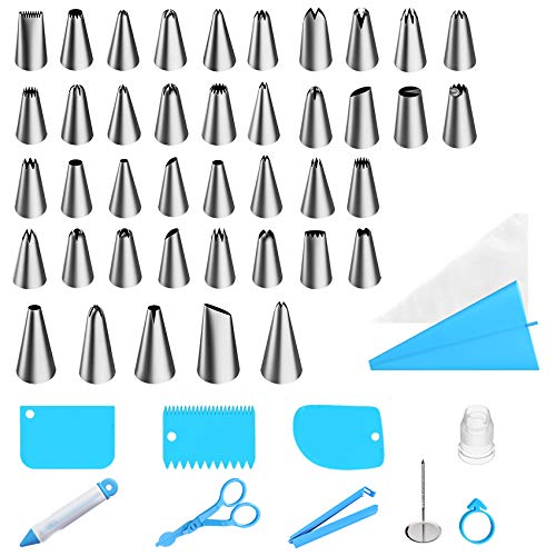 Ouddy Piping Bags and Tips, Cake Decorating Tips Kits with 42 Icing Piping Tips, 11 Pastry Bags, 3 Icing Smoother, 2 Couplers Baking Supplies for Beginners, 64 Pcs