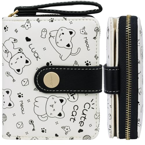 Cat Wallet Black Cute Wallets for Women Kawaii Cat Wallets Small Cat Purse Minimalist Cat Design Women's Travel Wallets with ID Window Kawaii Cash Wallet for Women Ladies and Girls