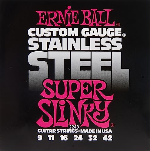 Ernie Ball Super Slinky Stainless Steel Electric Guitar Strings, 9-42 Gauge (P02248)