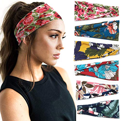 Women's Headbands Elastic Boho Floral Hair Bands Running Sports Workout Yoga Turban Head Wrap 6 Pack