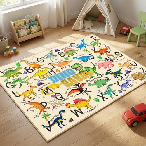 HBUFBUQ Dinosaur Area Rug with ABC Alphabet Kids Rugs for Playroom 3x5 Non Slip Educational Play Mat for Bedroom Nursery Classroom Toddler Learning Carpet