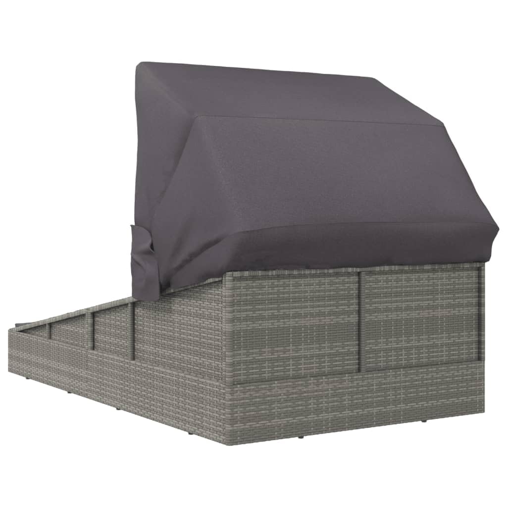 Lettino da giardino con tetto pieghevole in polyrattan, resistente alle intemperie e pieghevole, 200 x 114 x 128 cm, per terrazza, balcone, piscina, con imbottitura e protezione solare