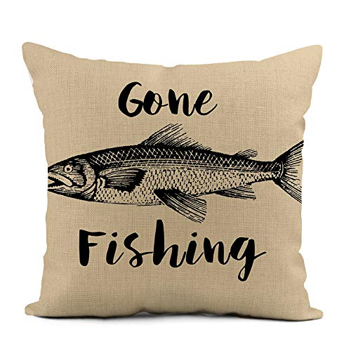 Rurpali Set Of 4 Linen Throw Pillow Cover 18X18 Inch Vintage Funny Fish Fisherman Home Decor Pillowcase Square Cushion Cover For Sofa Bed Couch #TOP1