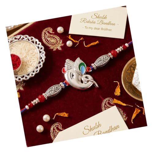 Image of TIED RIBBONS Rakhi for Brother - Premium Ganesh Silver Rakhi for Brother Men Bhaiya Kids Boys with Greeting Card & Tikka - Rakhi's for Rakshabandhan