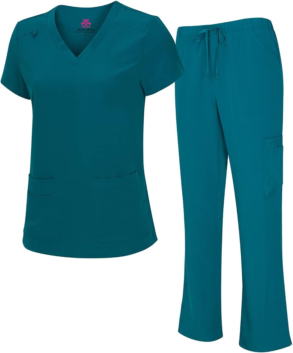 Natural Uniforms Women's Cool Stretch V-Neck Top and Cargo Pant Scrub Set with Regular and Petite Sizes