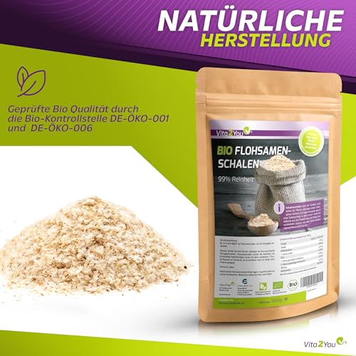 Foto von Vita2You Flohsamenschalen Bio 99% Reinheit 1000g - Laborgeprüft - 100% Bio Anbau - 1kg indische Flohsamen Schalen - Premium Qualität