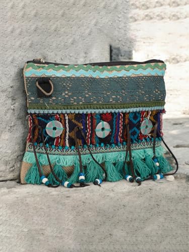 Image of The House of tara Cross Body Sling Bag with Embellishments and Tassels /Trims | Internal Zip Pocket | Jute Crossbody Bag in Multi Colour with Zip Closure | Handmade.