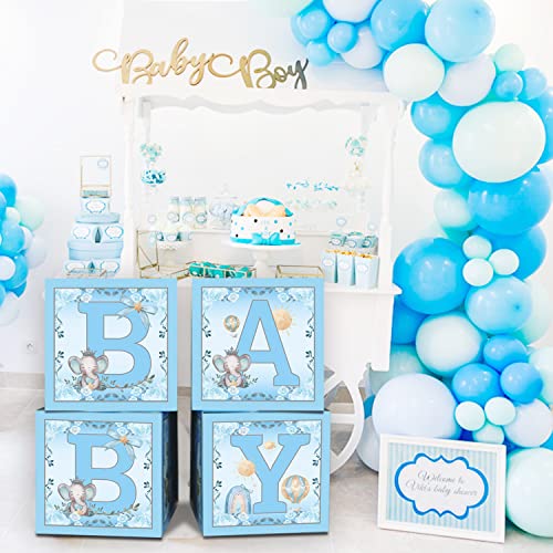 4 Pcs Blue Elephant Baby Balloon Boxes, Blue Theme Baby Boxes With Elephant Printed For Blue Boy Baby Shower Birthday Party Decorations Gender Reveal Backdrop #TOP5
