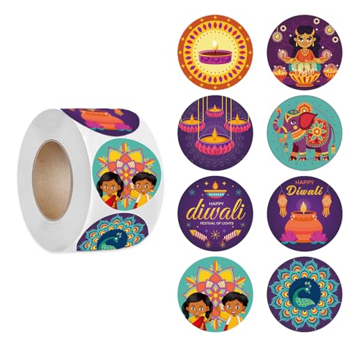Diwali Stickers 500PCS Round Happy Diwali Sticker Roll 1.5 Inch Indian Festival of Lights Decals Label Stickers for Kids Self-Adhesive Di-wali Gifts Tags for Home Decorations Party Favors Supplies