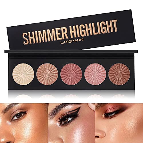 HIROCK 5 Colors Makeup Palette, Highlighter and Contour Palette, Compact Highlighting Shimmering Bronzer Powder, Pearlescent Formula Highlighter Palette