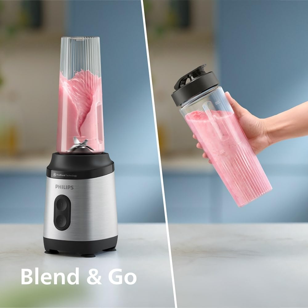 Philips Blend & Go Serie 3000 - Batidora Mini Smoothie, 350W, Vaso de 0,6L, Cuchillas Desmontables de 4 Estrellas, 2 Velocidades, Apta para Lavavajillas, Tecnología ProBlend, Plateada (HR2671/00)