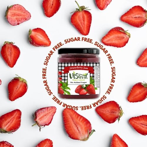 Image of Vistevia Sugar Free Raspberry & Strawberry Jam, Diabetic and Keto Friendly - Sweetened Naturally with Stevia, More Than 60% Whole Berry Content - Tastes Delicious - Pack of 2 (220 * 2 GM)