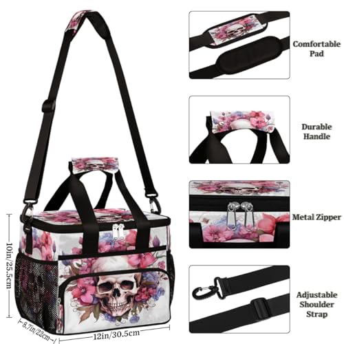 Skull Insulated Picnic Backpack Lunch Box for Women Men Picnic Basket Tote Lunch Bag Picnic Bag Portable Lunch Bags for Picnic, Beach, Work, Trip,Office, Camp Skull Flowers