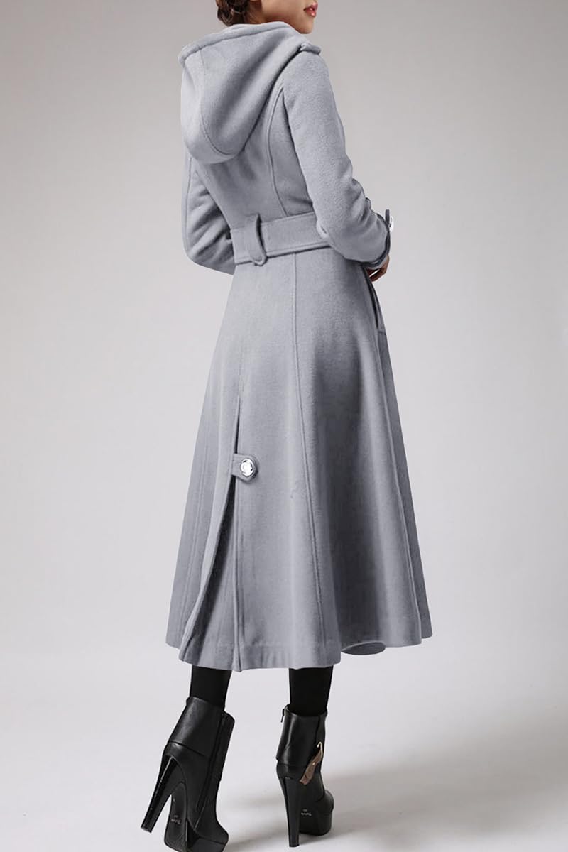 Cicy Bell Langer, zweireihiger Damenmantel mit Kapuze, Winter, warm, Wolle, Trenchcoat mit Gürtel