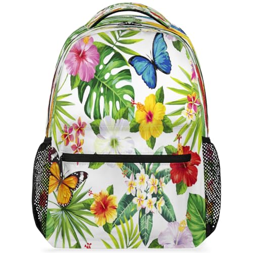 GeMeFv Mochila con diseño de hojas de palma, flores y mariposas, mochila de hombro ligera e informal, para viajes, laptop, para mujeres y hombres, Hojas de palma, flor, mariposa, 11.4(L) X 6.9(W) X