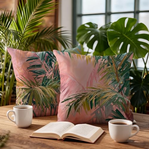 Image of Summer Pink and Green Tropical Palm Leaf Decorative Throw Pillow Cover Decor 18x18,Palm Leaf Botanical Decorative Lumber Beach Plant Throw Pillow Cover for Cabin Couch Double-Sided Set of 2