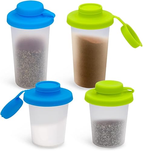 Sophico Juego de saleros y pimenteros pequeños con tapas Sinlicone a prueba de humedad, mini coctelero de especias de 4.5 onzas para ir de