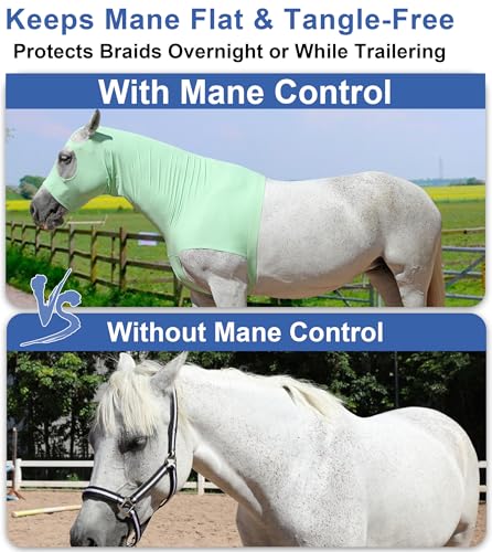 Image of Horse Slinky Hood with Zipper, Stretch Spandex Sleazy Hood for Mane Protection, Breathable Horse Neck Cover for Show Prep, Braids Saver, Sleek Grooming Under Blanket Use Palegreen Small