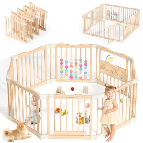 Image of Foldable Wooden Playpen - Adjustable Wood Baby Play Yard with Child-Proof Lock, Indoor Large Safety Fence for Babies and Toddlers - Easy Assembly, 55 x 55 x 24 inches, Rainbow Dream, Natural