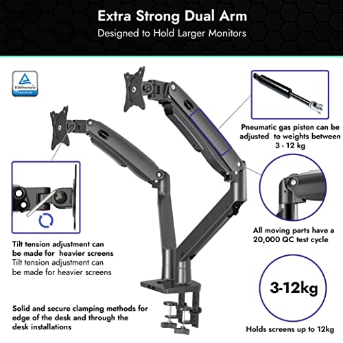 Invision Braccio Doppio Monitor Portata Lunga Scrivania Supporto per 22-32 Schermi, VESA 75/100mm Regolabile in Altezza Inclinazione Girevole e Rotazione, con Morsetto Peso da 3-12kg (MX900)